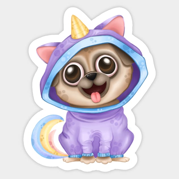 Pug in a unicorn suit Sticker by ekossa_art